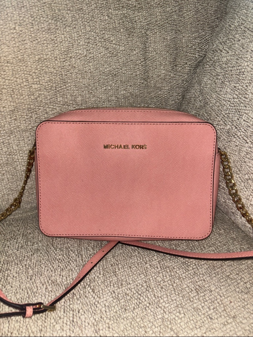 Michael Kors Pink Saffiano Leather Crossbody with Gold Chain